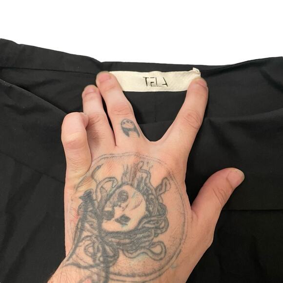 TELA Mini Dress Split Sleeve Button Accent Dropped Shoulders Black Minimalist XS - Picture 3 of 13